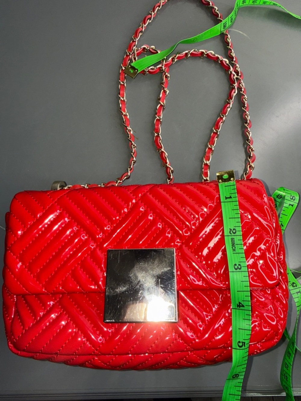 Purification Garcia Glossy Red Quilted Patent Shoulder Bag with Chain Strap - Picture 9 of 10